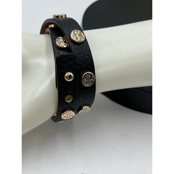 Tory Burch Designer Double Wrap Black Leather Gold Logo T Snap Bracelet - Picture 5 of 8